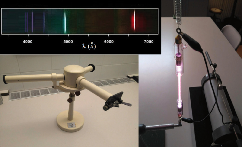 Un espectroscopio Bunsen y un tubo de descarga de nuestro laboratorio mostrando el espectro visible discontinuo de emisión del hidrógeno (rayas de Balmer)