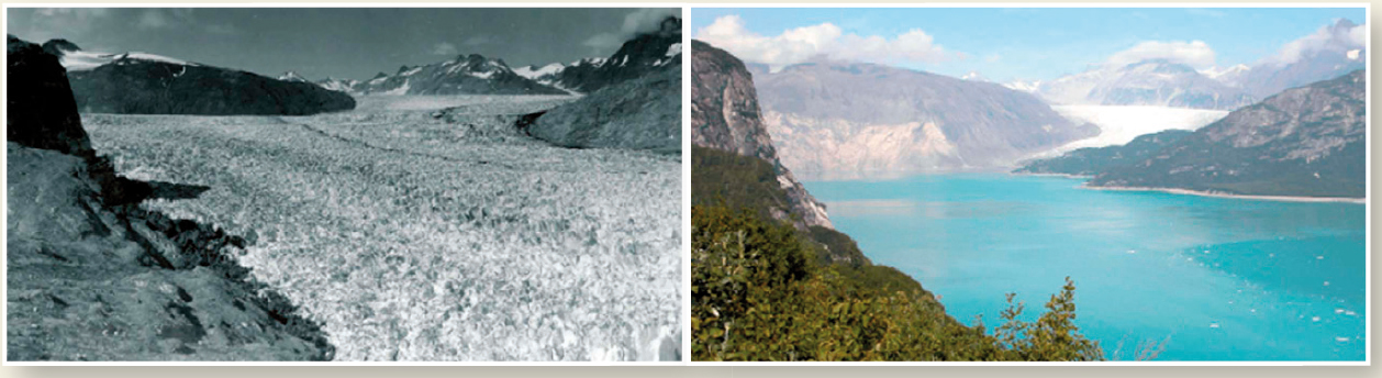 El glaciar de Muir, en Alaska, en agosto de 1941 y en agosto de 2004. Se han producido cambios evidentes en los sesentaitrés años entre las dos fotos