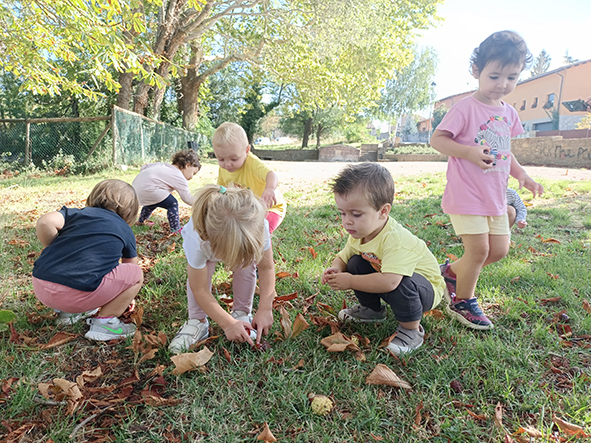Niños recogiendo hojas en el jardín