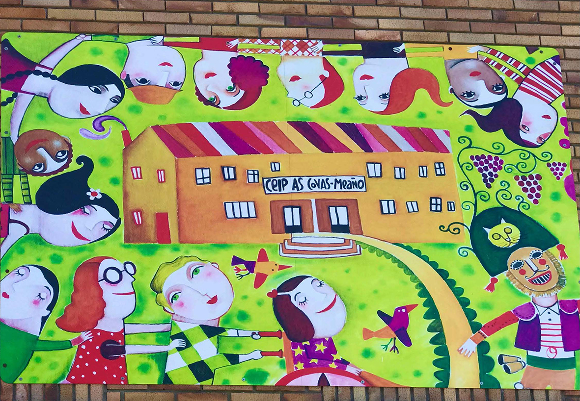 Ilustración del edificio del centro educativo, rodeado de los docentes